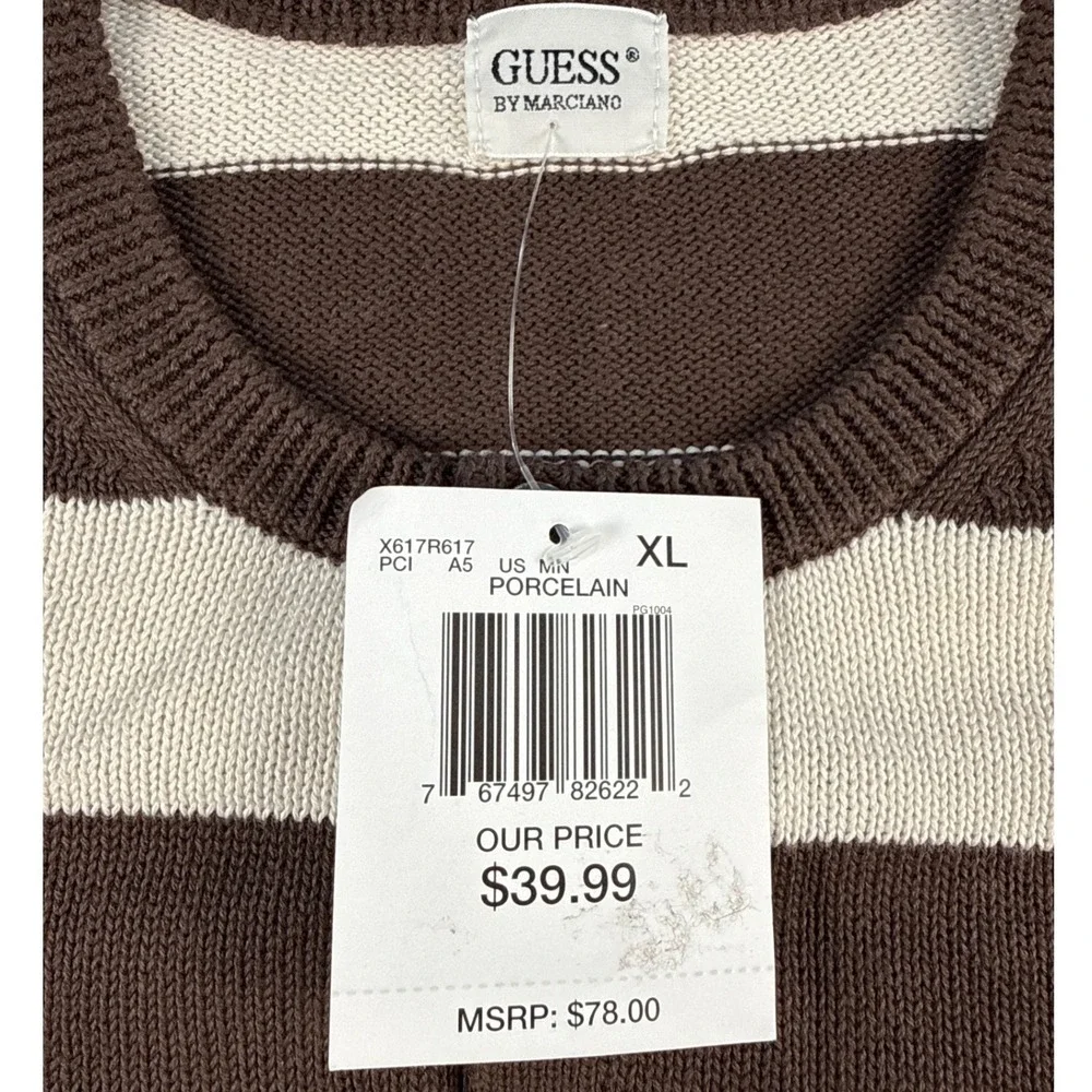 Guess by Marciano Mens XL Striped Henley Sweater Brown White Cotton NEW